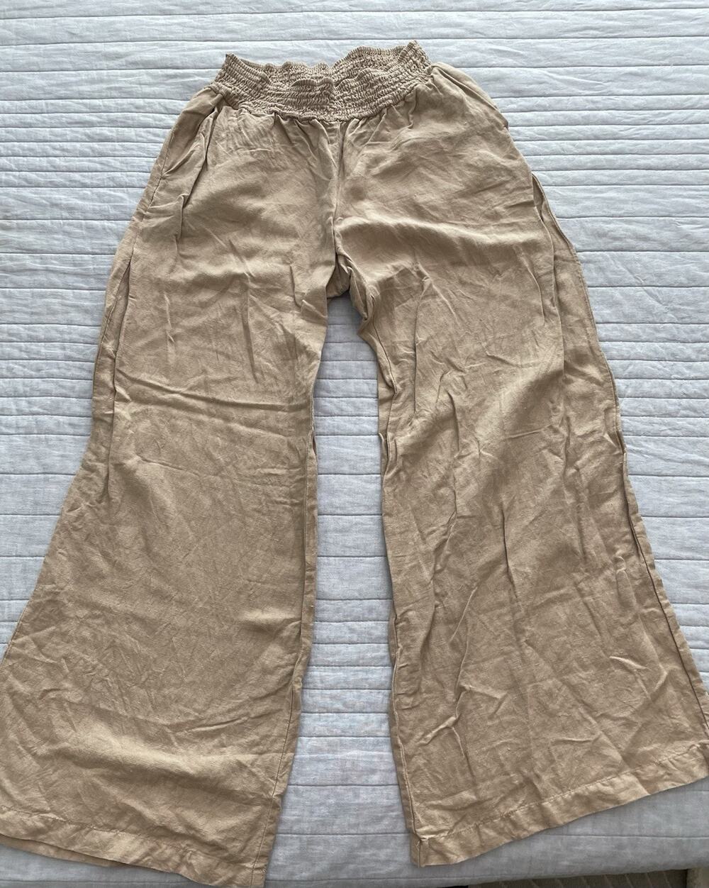 A New Day Women's XS Linen Blend Wide Leg Pants Beige Elastic Waist C10